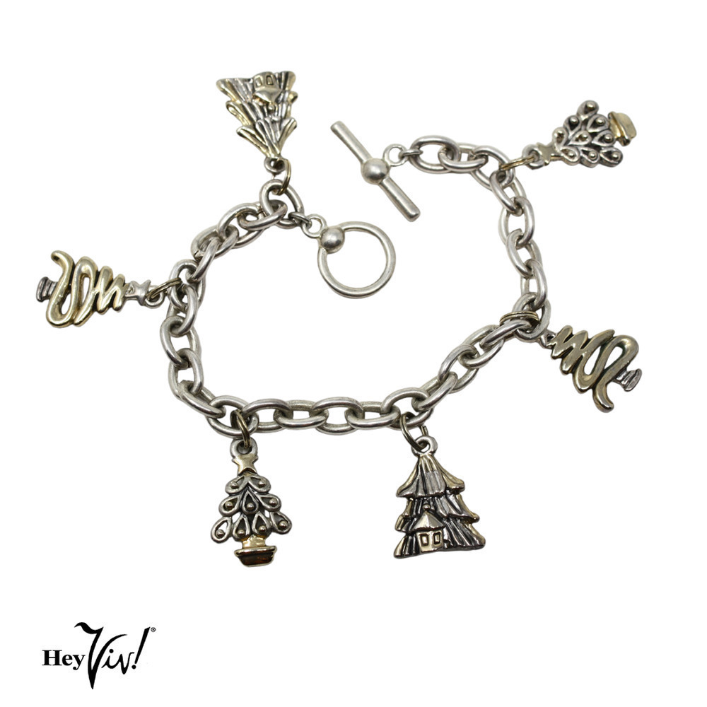 Vintage Christmas Holiday Tree Charm Bracelet Ornate Elegant Design 8" -Hey Viv